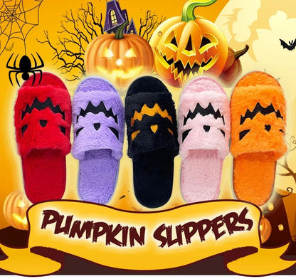 Pantuflas Planas de Peluche con Diseño de Calabaza de Halloween