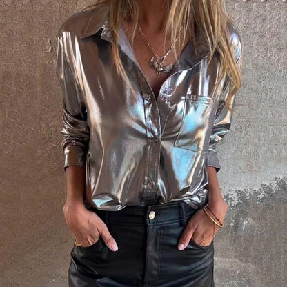 Camisa de botón metálica brillante de cuero para mujer